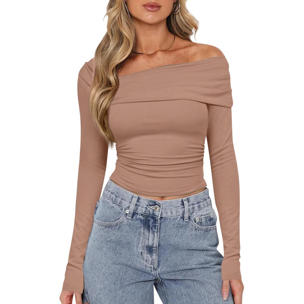 Женская мода, однотонный плиссированный топ на одно плечо с длинными рукавами, облегающий короткий топ с открытым пупком