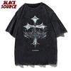 black source Oversize Fashion Mens Graphic TShirt Acid Wash T Shirt  Summer Vintage Unisex High Street Cross Pattern