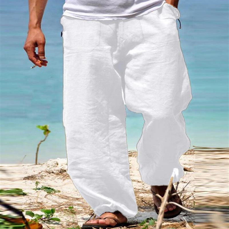Men's Beach Pants Drawstring Elastic Waist Straight Solid Color Comfortable Casual Daily Resort Trousers