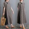 Длинное платье в клетку с короткими рукавами из хлопково-льняной смеси, стройнящее, макси, ниже колена, свободное, больших размеров, летнее [OGCPWYQZ] Женское, с рисунком, с рукавами, смесовое, А-силуэт,