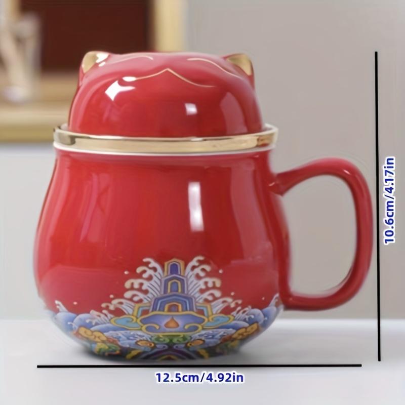 Керамическая кружка для офиса 'Счастливый Кот' с отделением для воды и чая, с крышкой и фильтром, кружка для чая, кофейная кружка, форма животного