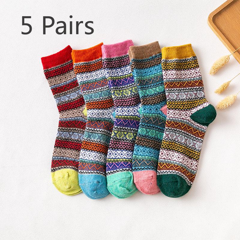 5 пар женских осенне-зимних толстых теплых этнических носков из кроличьей шерсти