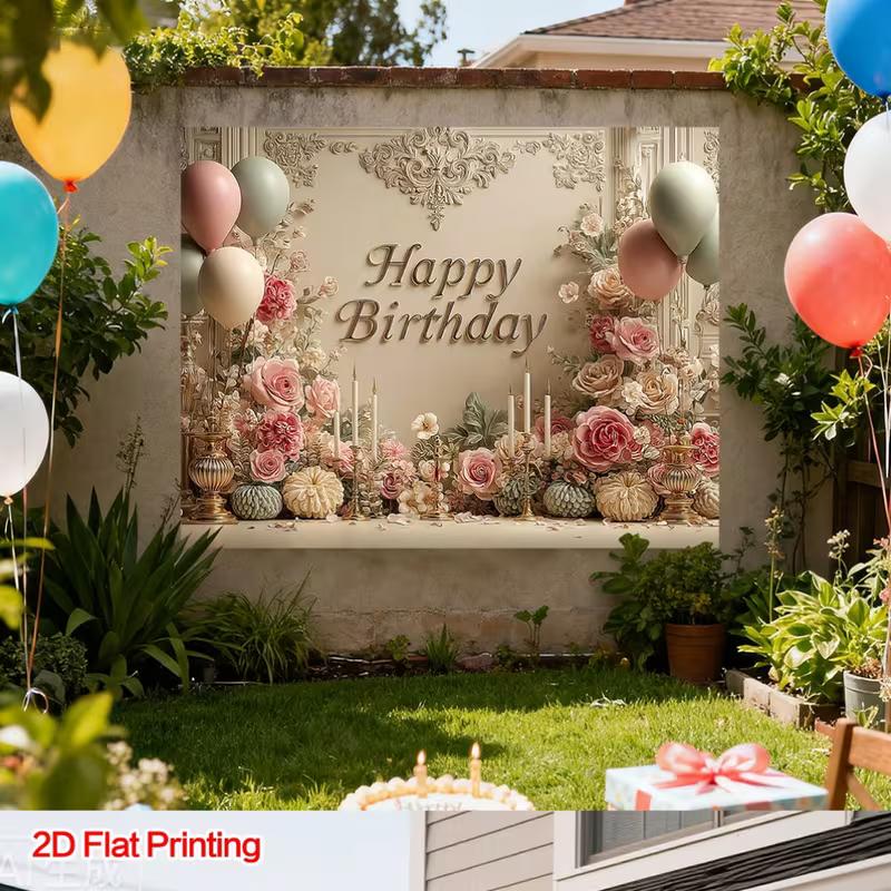 2D Elegant Floral Birthday Backdrop, Retro Ornate Wall Banner, Adult Birthday Party Decor