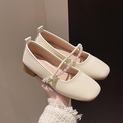 Женские туфли на плоской подошве, весна 2025, с неглубоким вырезом, жемчужной пряжкой-однословным ремешком, модная верхняя одежда, обувь на мягкой подошве