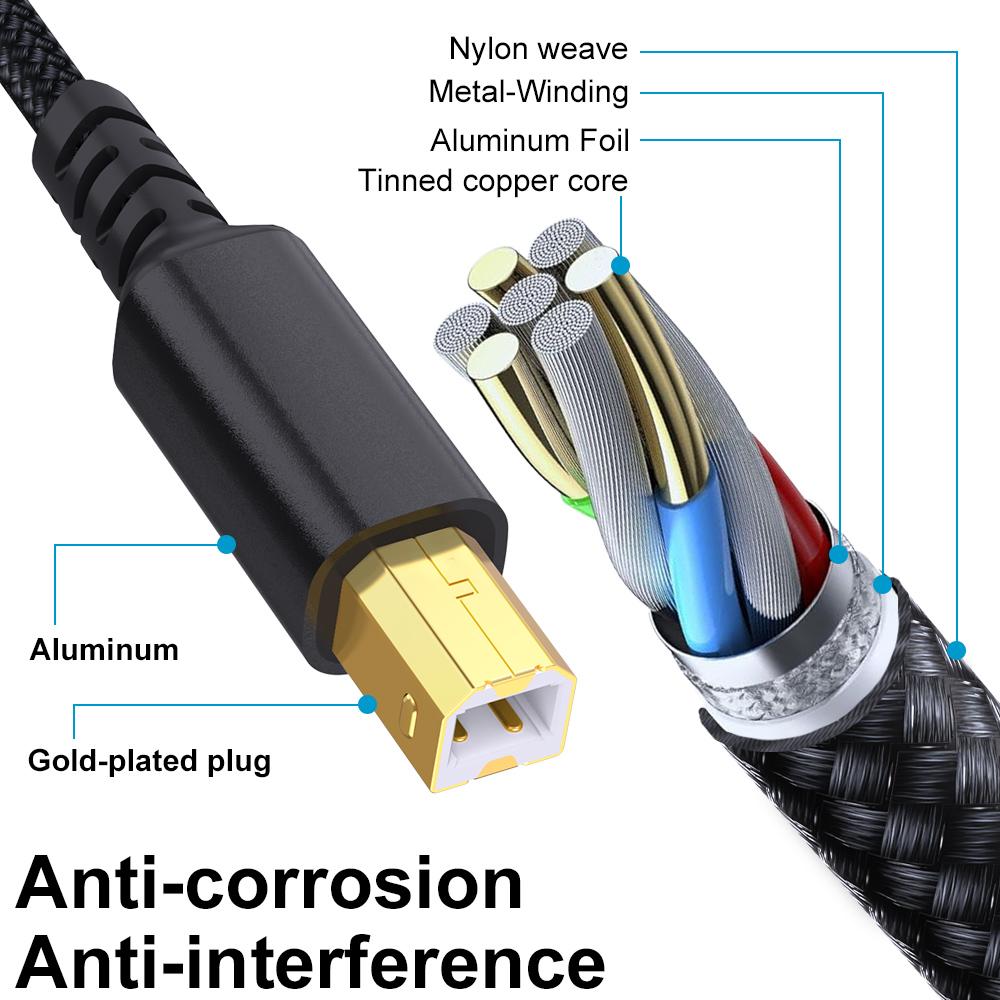 3m USB/Type-C to Square USB Type-B 2 in 1 Printer Cable Braided Printing Connection Cord