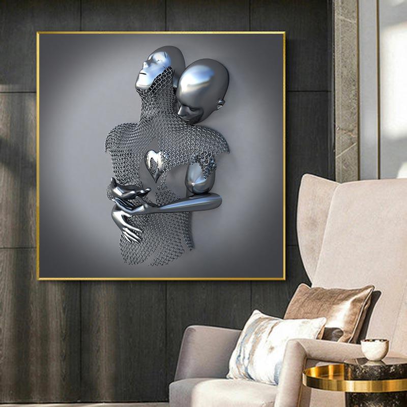 3D Visual Gold Silver Metal Figure Art Statue Canvas Painting Romantic Abstract Posters and Prints Wall Pictures Modern Home Decor for Living Room