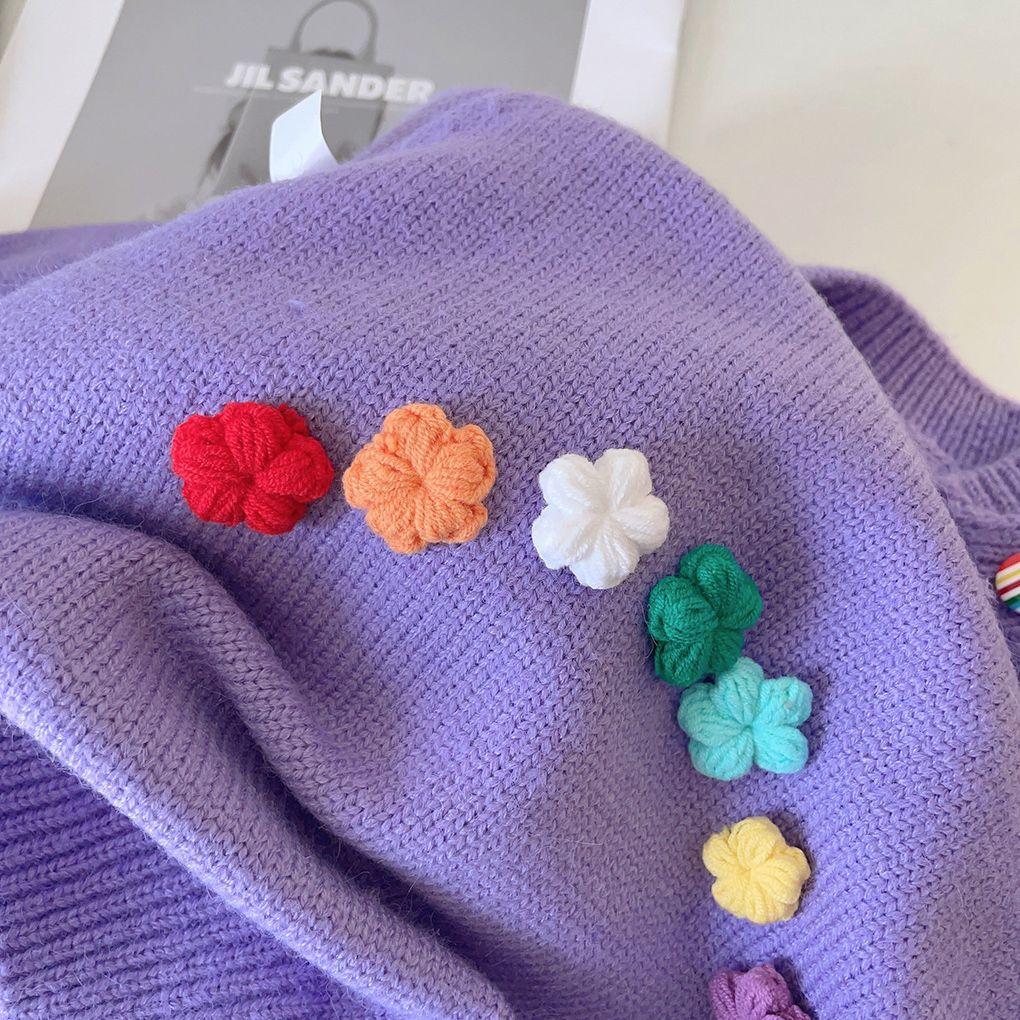 Свитер с цветочным узором для девочек 2024 года, осенне-зимний вязаный свитер для девочек, детский однотонный шерстяной верх