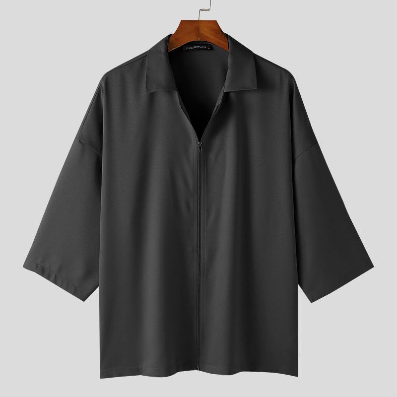 INCERUN Мужские мешковатые рубашки с воротником с лацканами и застежкой-молнией с короткими рукавами