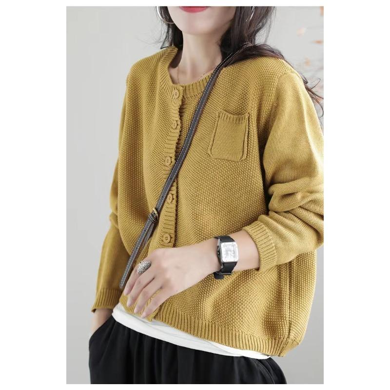 Осень Зима Однотонный Круглый Вырез Повседневный Модный Кардиган Топ Женский Карман Вязаный Пуговичный Пальто Свитер