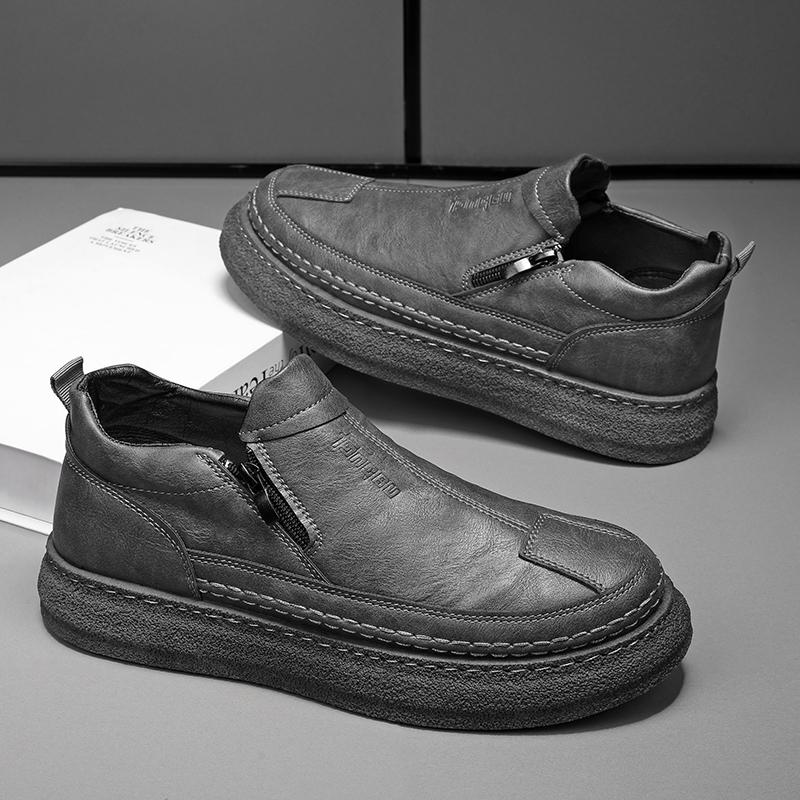 Fashion Men's Waterproof Leather Boots Spring Autumn Casual Non-slip Thick Sole Chef Work Round Toe Side Zip Comfort Walking Shoes