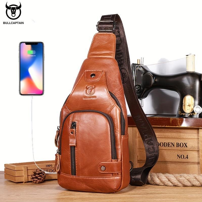 BULLCAPTAIN Leather Men's Chest Pocket One Crossbody Bags with USB Rechargeable Chest Bag Can Be Used for 7.9 Inch IPai Pockets