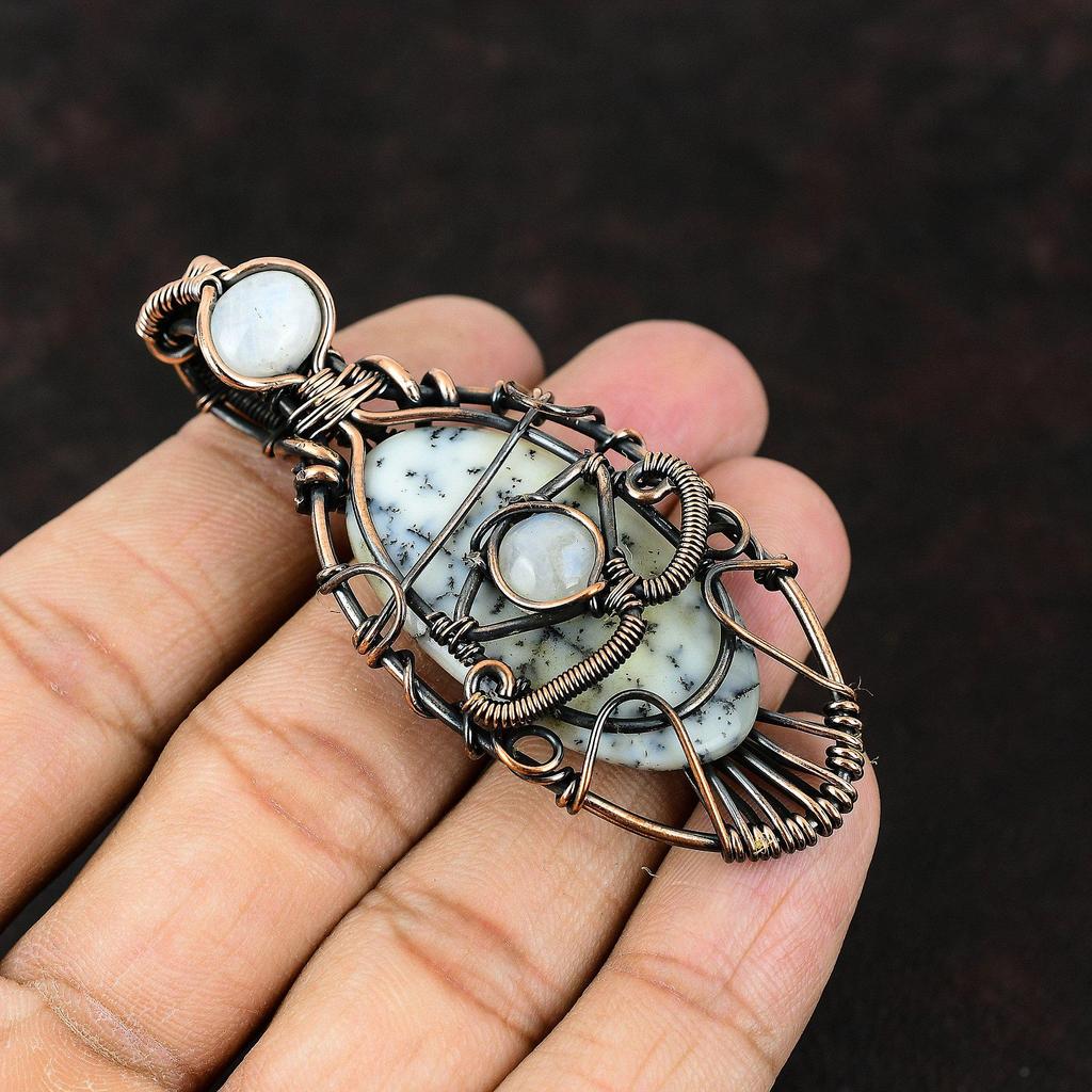 Дурной глаз дендрит опал драгоценный камень медная проволока обернутая подвеска медные украшения ручной работы подвеска радужный лунный камень дурной глаз ювелирные изделия подарок для него