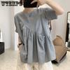 Необычная хлопково-льняная рубашка для женщин на лето, свободная, с круглым вырезом, с коротким рукавом