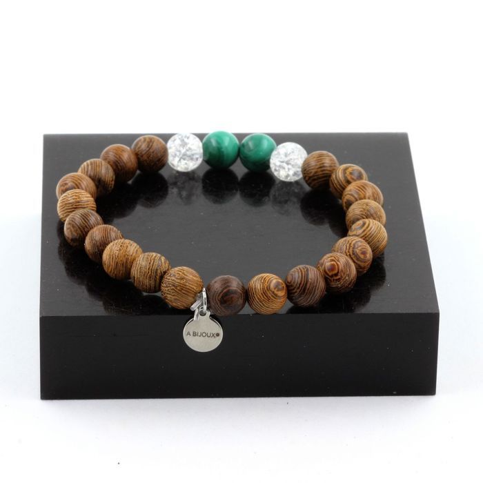 Stones and Minerals. Congo Malachite + Cracked Quartz + Wood 8mm Bead Bracelet. Made In France.