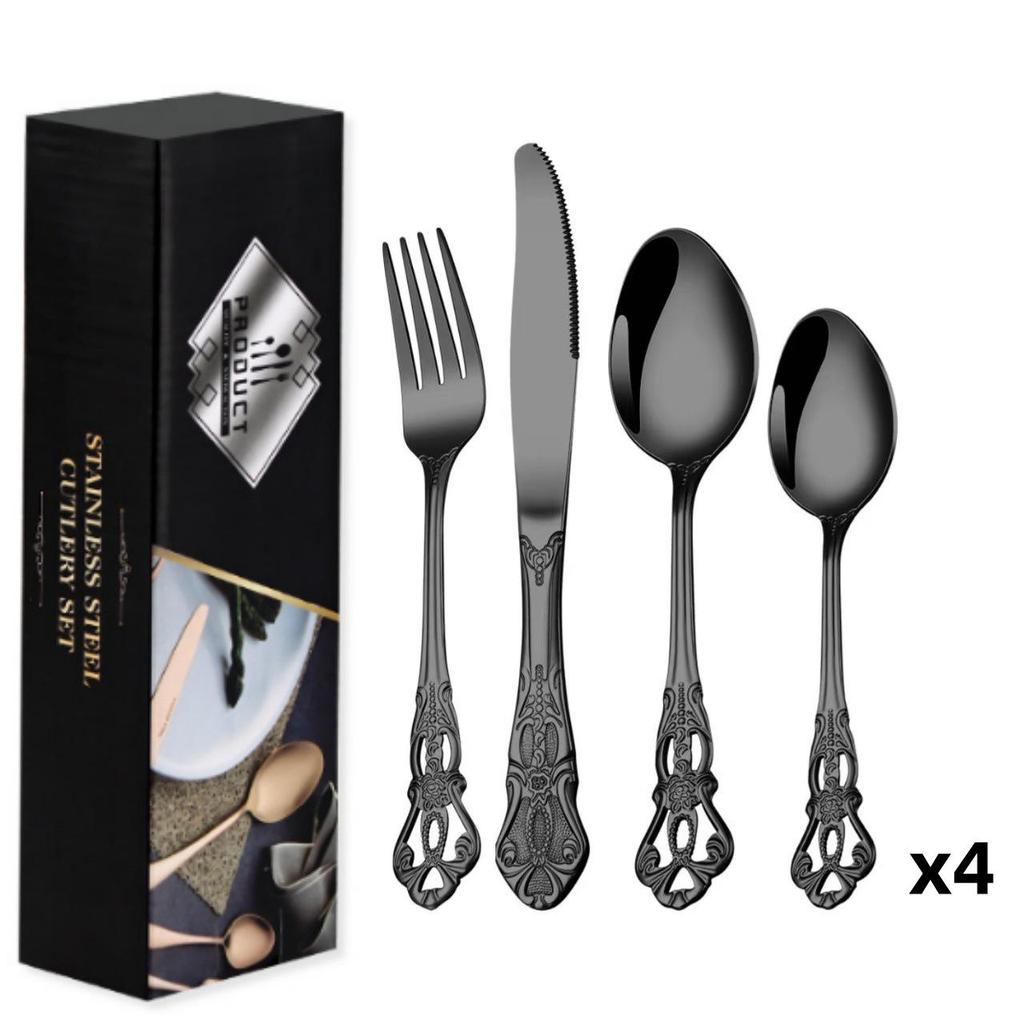 Набор столовых приборов Royal Court из 24 предметов из нержавеющей стали - Тисненые полые ножи для стейка, вилки и ложки