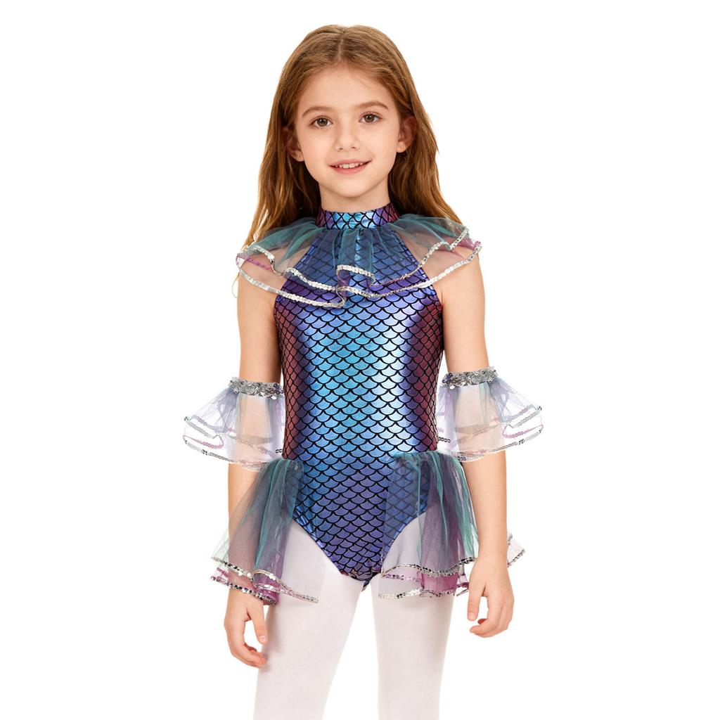 Girls Halloween Mermaid Cosplay Costume Sleeveless Mermaid Fish Scales Print Mesh Sequins Bodysuit with Arm Sleeves Holiday Party Costume
