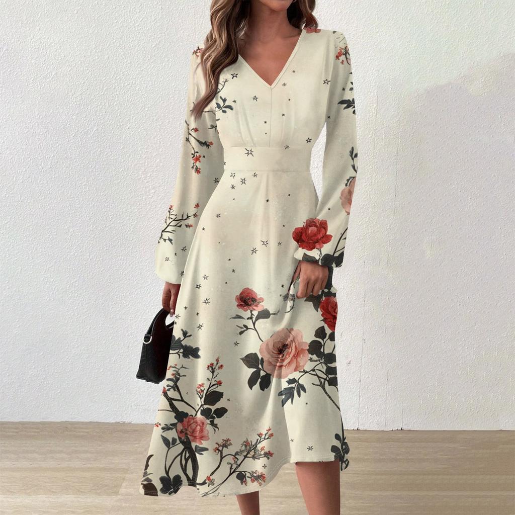 Women's Casual Fashion V-Neck Long Sleeve Floral Print Long Dress