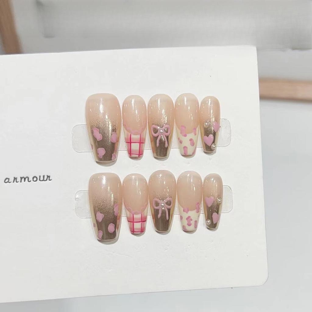 Pure Hand-wearing Armor Pink Leopard Print French Magic Mirror Gradient Temperament Sweet Mesh Bow Nail Fake Nail