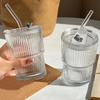 380/600ML Stripe Glass Coffee Cup With Lid and Straw Transparent Drinking Glasses for Juice Milk Tea Cups Iced Coffee Mugs Drink