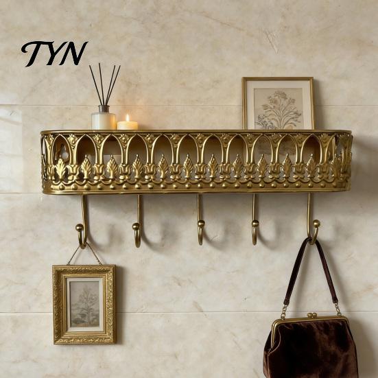Space Saving Entryway Hooks Wall Mounted Floating Shelves, Metal Shelf with 5 Hooks, Key Holder Organizer for Bags And Hats Mail Organizer,