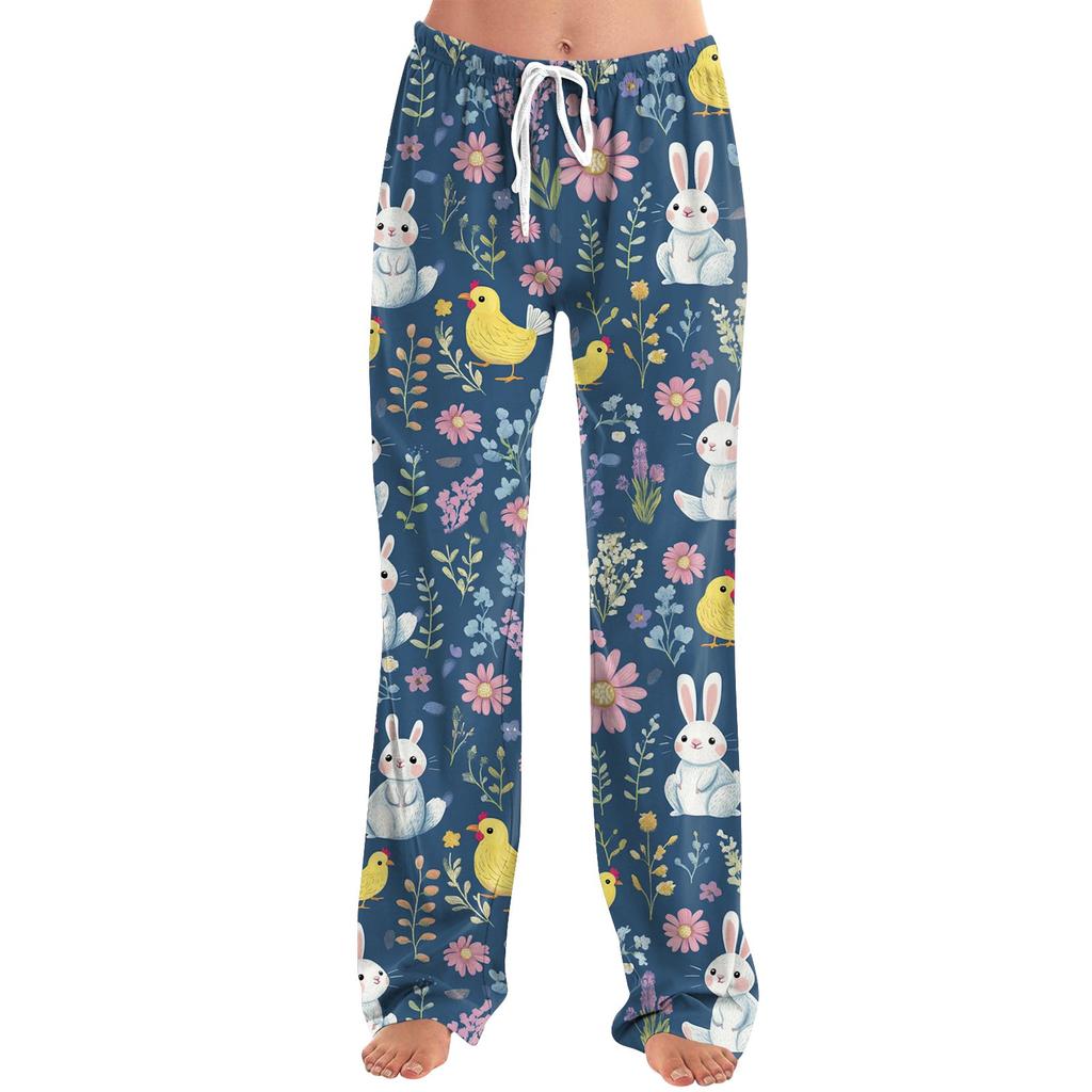 Womens Pajama Pants Sleepwear Casual Drawstring Elastic Waist Pants Comfy Straight Yoga Loose Trousers Easter