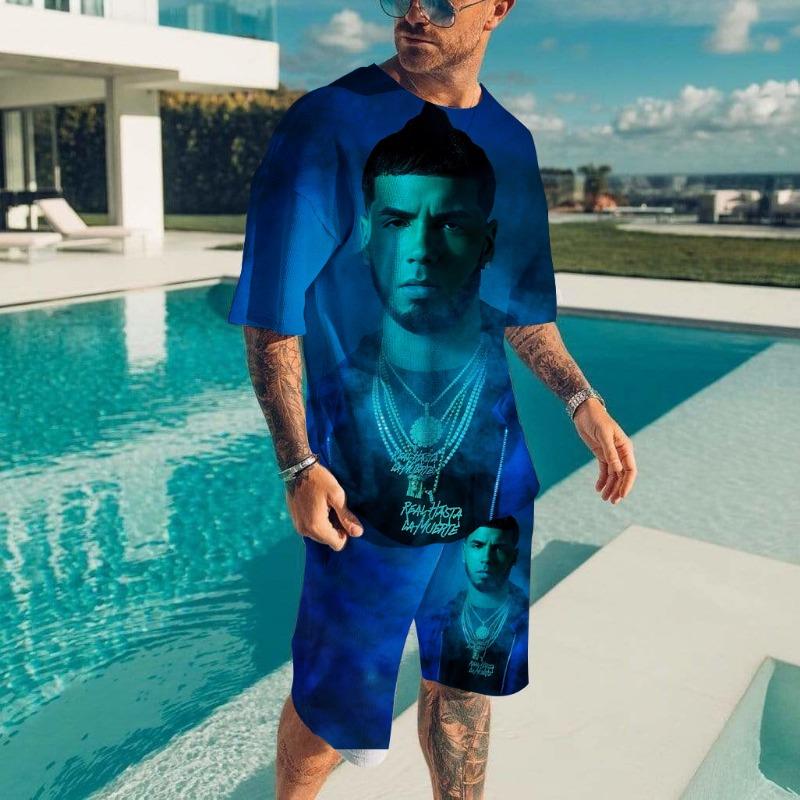 Мужские комплекты футболок Рэпер Anuel AA 3D-печать Модный спортивный костюм Футболки Шорты 2 предмета Мужская уличная одежда Оверсайз костюмы Спортивная одежда