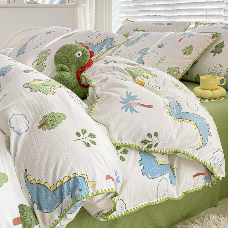 Двуспальная постель из пряжи, комплект из четырех предметов, цветочное потертое одеяло, простыня из стираного хлопка для общежития, комплект из трех предметов постельного белья