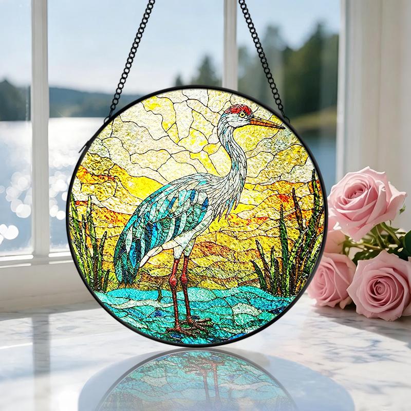2D Flat Stained Glass White Crane Window Decoration, 7.87inches Animal Theme Colored Glass Plate with Chain, Charming Sun Catcher Home Decor, Unique