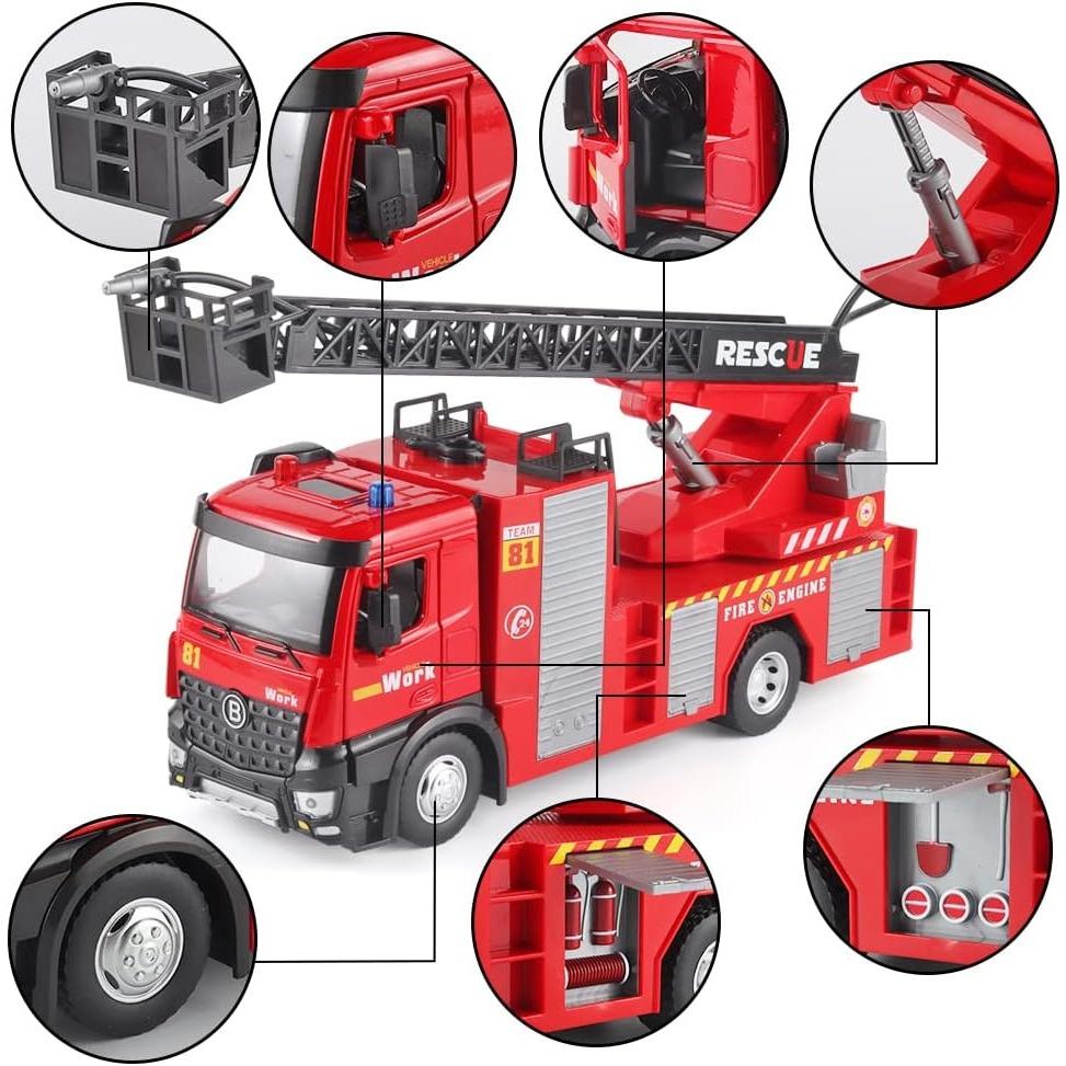 Игрушечная пожарная машина в масштабе 1/24 с металлической кабиной, световой и звуковой сиреной, рабочим водяным насосом и выдвижной вращающейся спасательной лестницей, игрушкой с фрикционным приводом