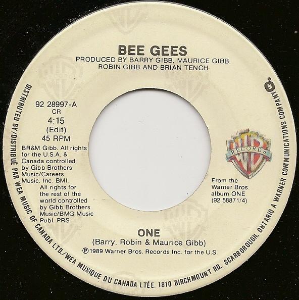 7inch Record BEE GEES - One 9228997 Warner Bros. Re 1989 Canada Pop Used