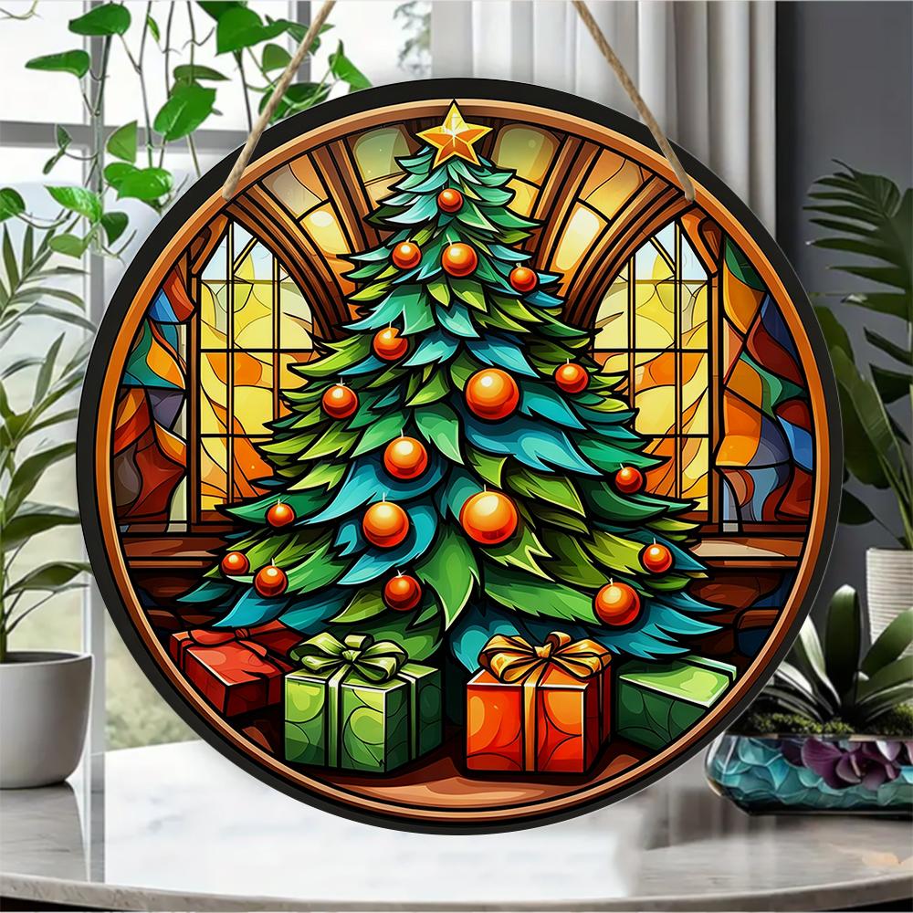 Stained glass style Christmas tree pattern round wooden hanging plaque artistic wall art ornament indoor home festive holiday party decoration
