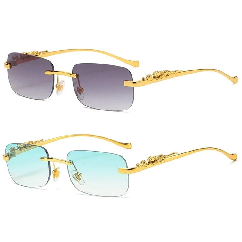 New Rimless Rectangle Vintage Metal Leopard Head Sunglasses Fashion Frameless Tinted Glasses Shades For Women Men