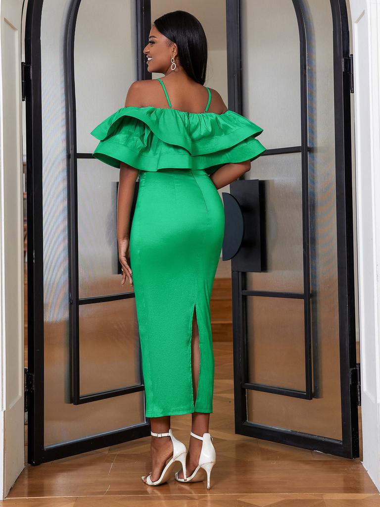 AOMEI Women Party Dress Ruffles Bodycon Sheath Spaghetti Strap Birthday Cold Shoulder Even Dresses