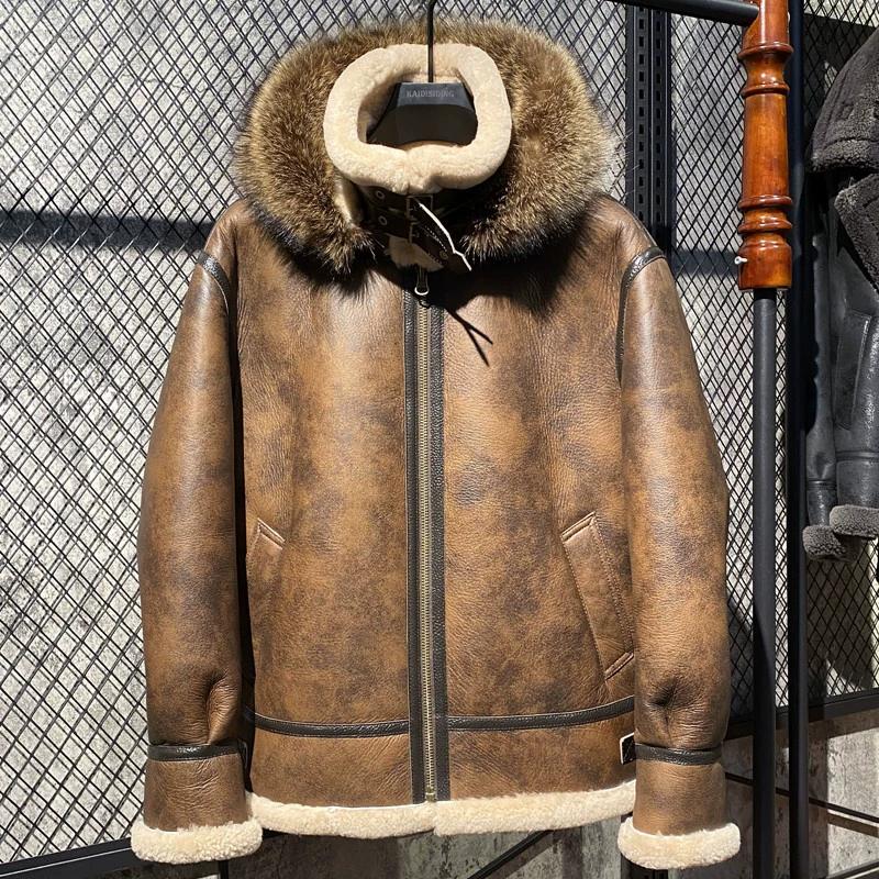 Genuine Sheepskin Leather B3 Bomber Jacket Mens Winter Fur Lined Thick Warm Flying Coat