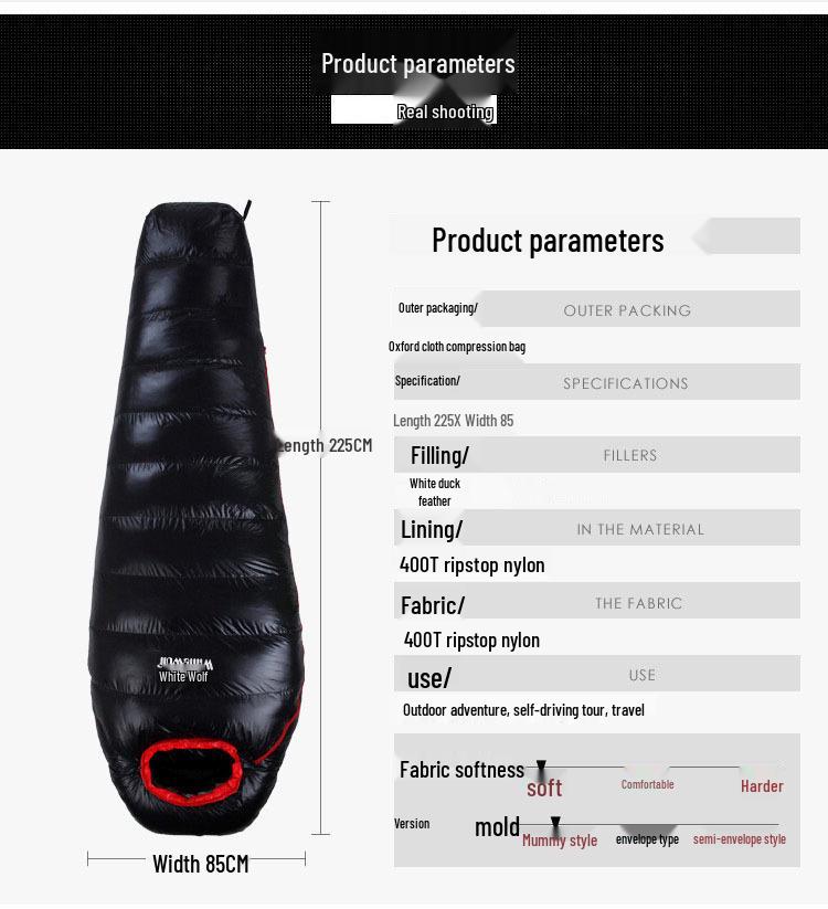 Сверхлегкий спальный мешок-мумия с утиным пухом: Теплый, Утолщенный, для Взрослого Кемпинга на Открытом Воздухе