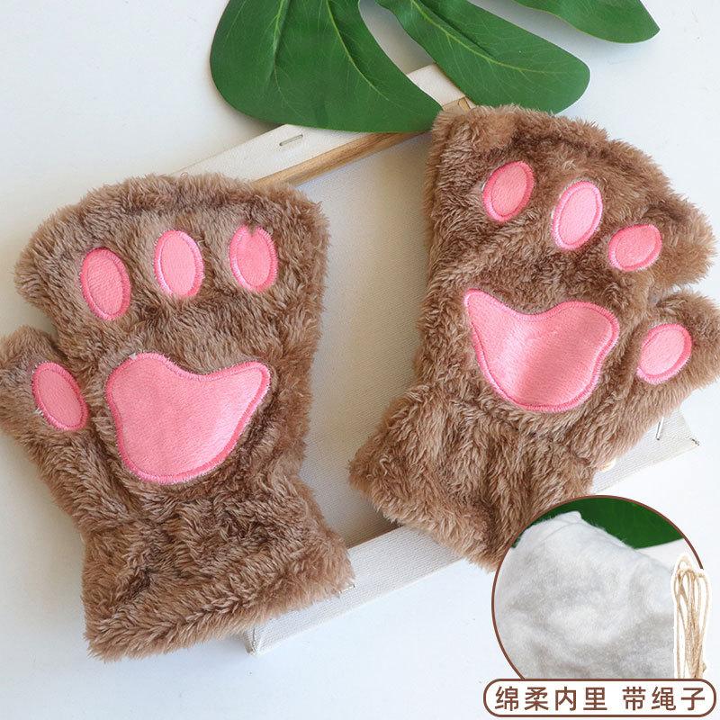 Autumn and Winter Cute Cat Claws Half Finger Plush Gloves Student Writing Plush Leak Finger Warm Half Finger Bear Paw Gloves