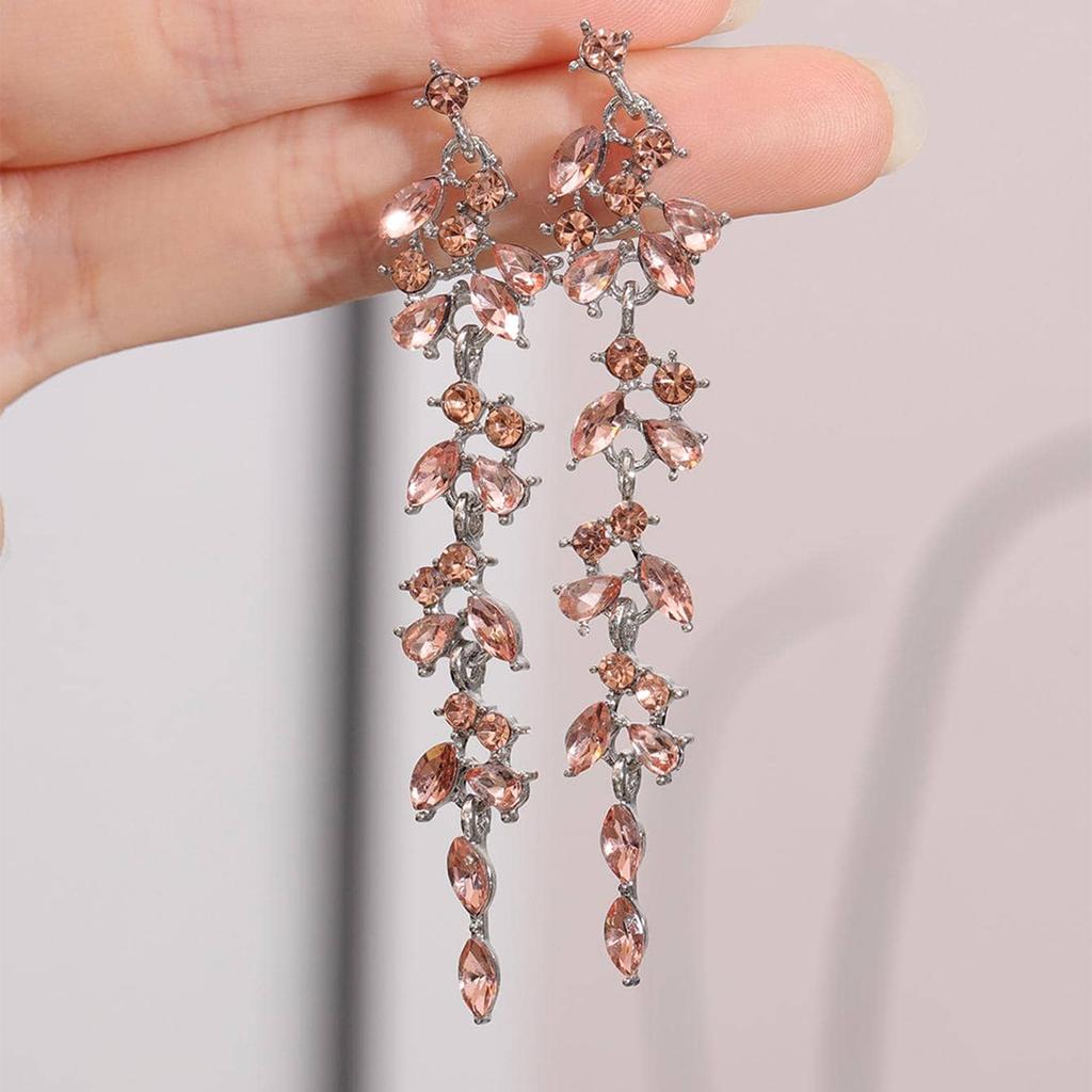 2pcs Fashionable and High-end Long Tassel Full Diamond Leaf Earrings for Women's Banquet Dress Accessories