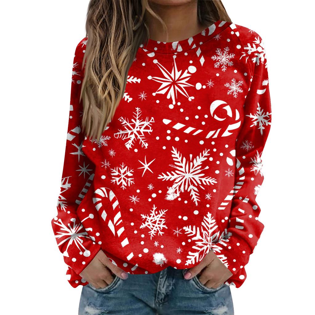 Women's Fashion Casual Long Sleeve Christmas Printed Neck Sweatshirt Top