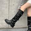 2025 New Heightening Black Tube Pants Tube Boots Female Western Cowboy Knight Boots Thick-soled Pleated Stacking Boots