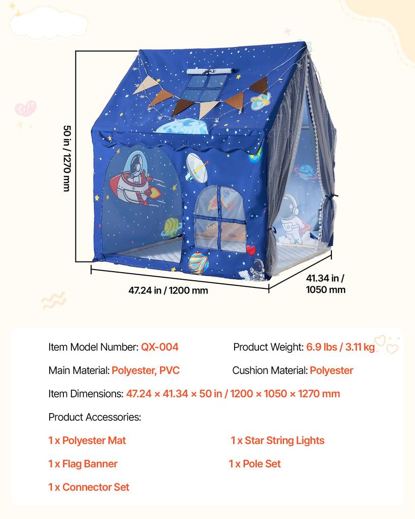 VEVOR Kids Play Tent PVC Frame Playhouse for Kids with Padded Mat Blue, for Toddlers Girls Boys, Indoor & Outdoor, Reading Nook Nap Bed Tent
