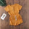 Baby Cute Shorts Set Solid Color Style Round Neck Short Sleeve Button Closure Top Breathable Elastic Breeches Suit
