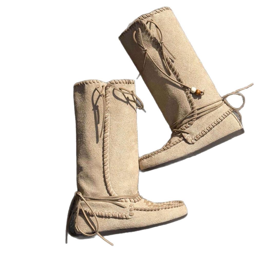 Европейская станция 2025 Осень Новые кожаные сапоги-казаки до колена с ремешком с кисточками, на плоской подошве, складные сапоги-чулки для женщин