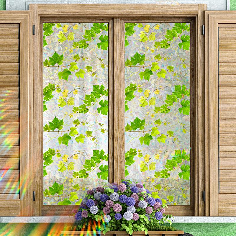 1PC Windows Decals Non-Adhesive Window Privacy Film Reusable Stain Elegant Anti UV Green Maple Leaves Glass Sticker