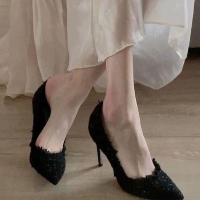 Женские туфли на высоком каблуке, тонкий каблук, новые осенне-зимние плетеные европейские и американские французские остроносые туфли-лодочки, маленькие ароматные женские туфли