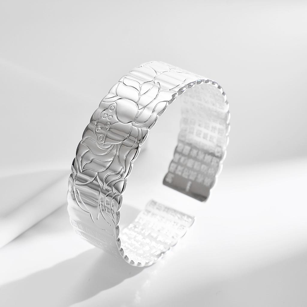 Wide Face Heart Sutra Bracelet, Female Opening Great Compassion Mantra Lotus Bracelet, Silver Jewelry, Birthday Gift