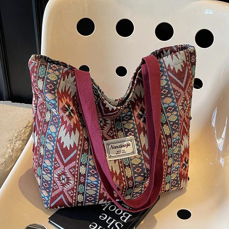 WTEMPO Casual Zipper Versatile Tote Shoulder Bags Women's Commuting Printed Handbags Ethnic Style Large Capacity Canvas Bags