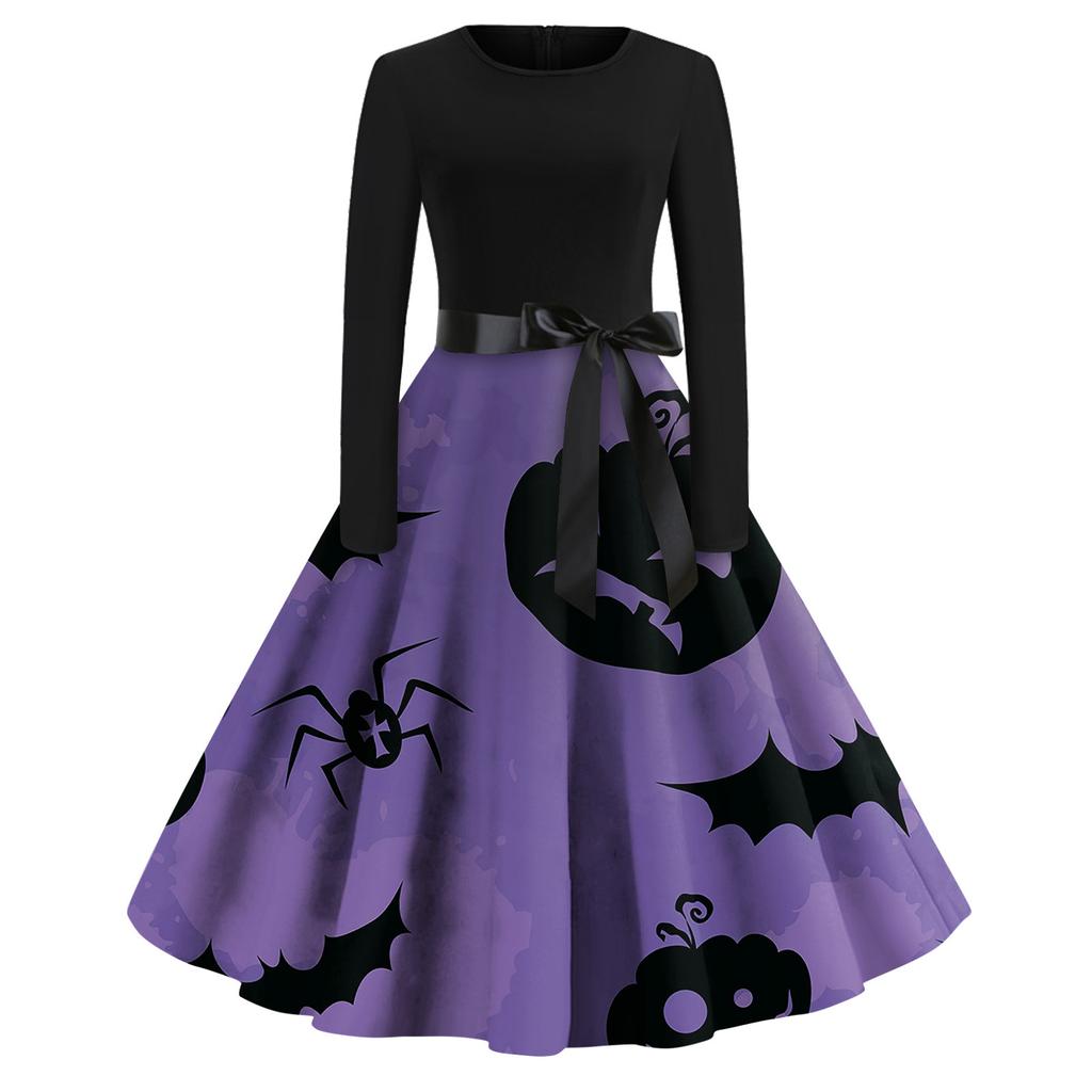 Women's Fashion Round Neck Casual Slim Fit Halloween Printed Long Sleeve Dress