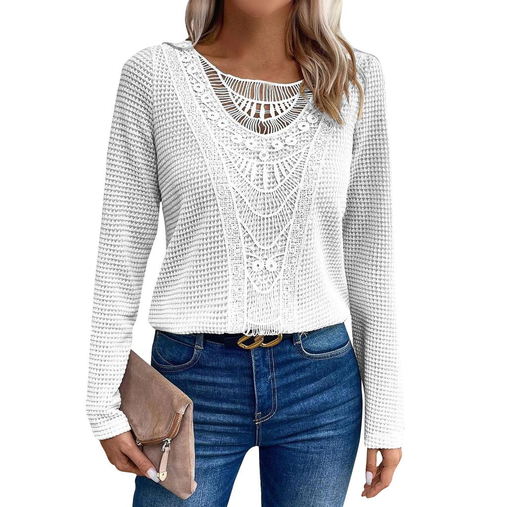  Футболка с длинными рукавами Solid Solor Lace Patchwork с кружевным круглым вырезом для женщин