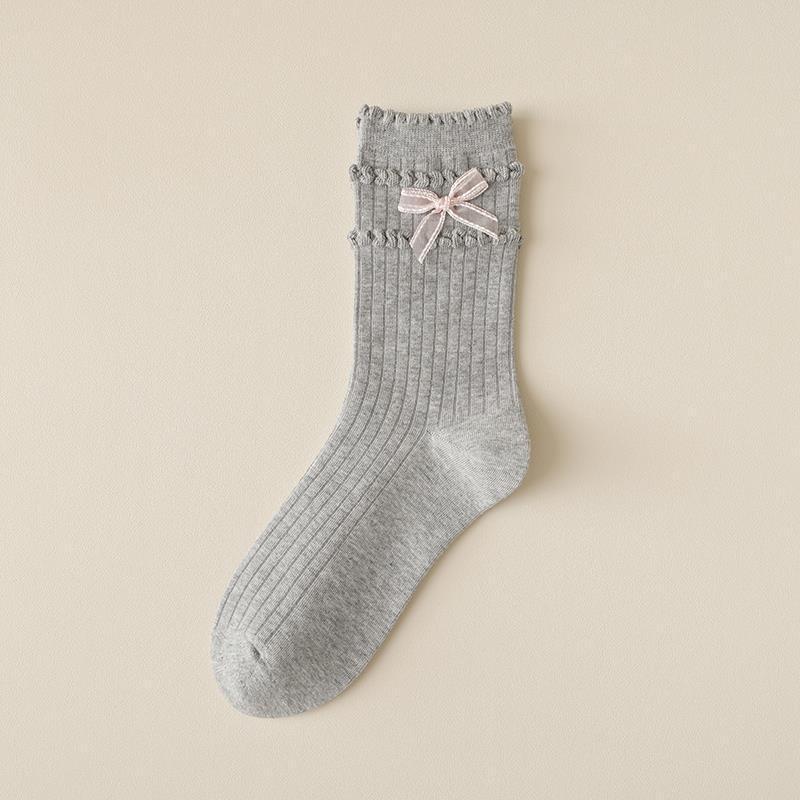 5 Pairs of Thin Solid-color Sweet Bow Mid Calf Socks for Girls In Summer