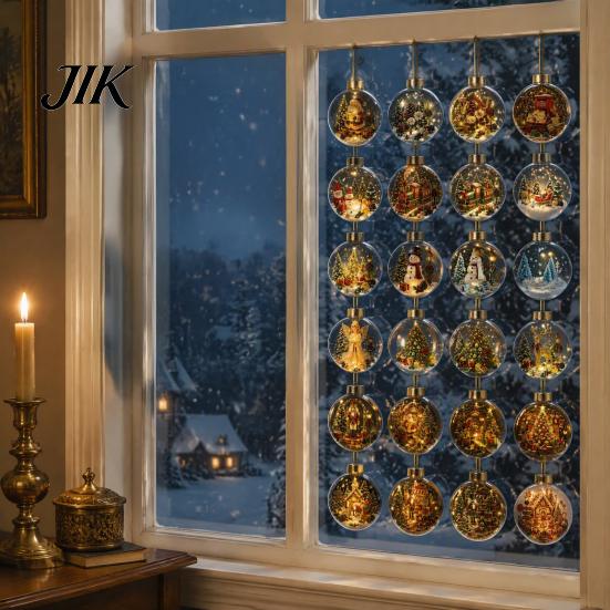 Christmas Countdown Fun Advent Calendar, Acrylic 2D Flat Crystal Ball Pendants with Lanyard, 24 Day Tree Hanging Ornament for Home Office Party Retro